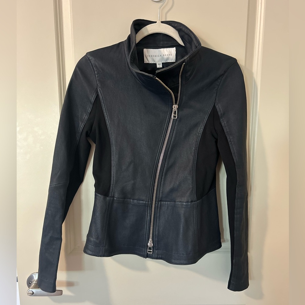 Veronica Beard size 4 Navy Blue Lamb Leather Jacket Marquee Peplum Stretch